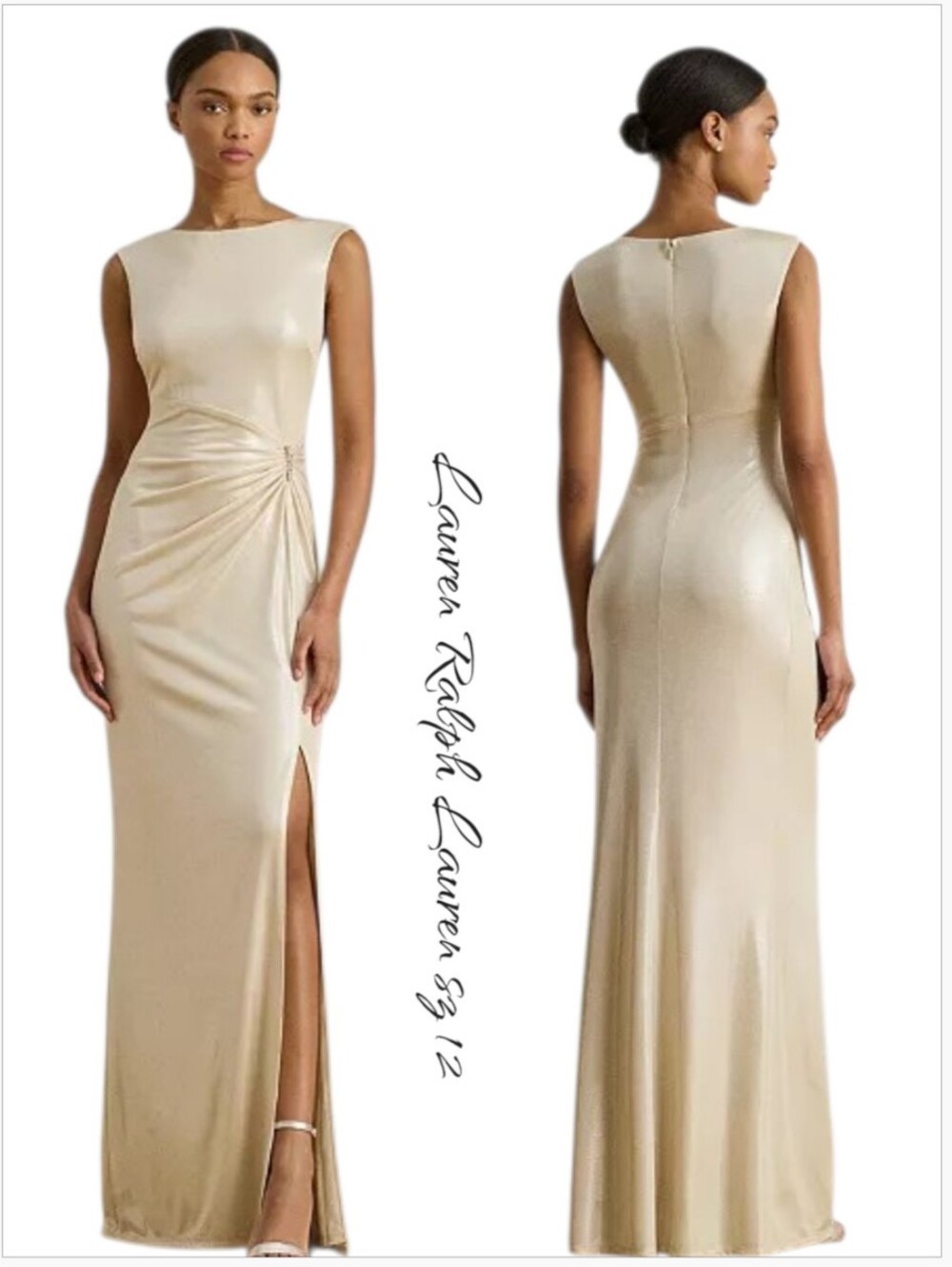 Lauren Ralph Lauren Metallic Jersey Buckle Gown Gold Dress Sz 12